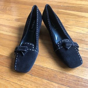 Prada kitten heeled black suede loafers